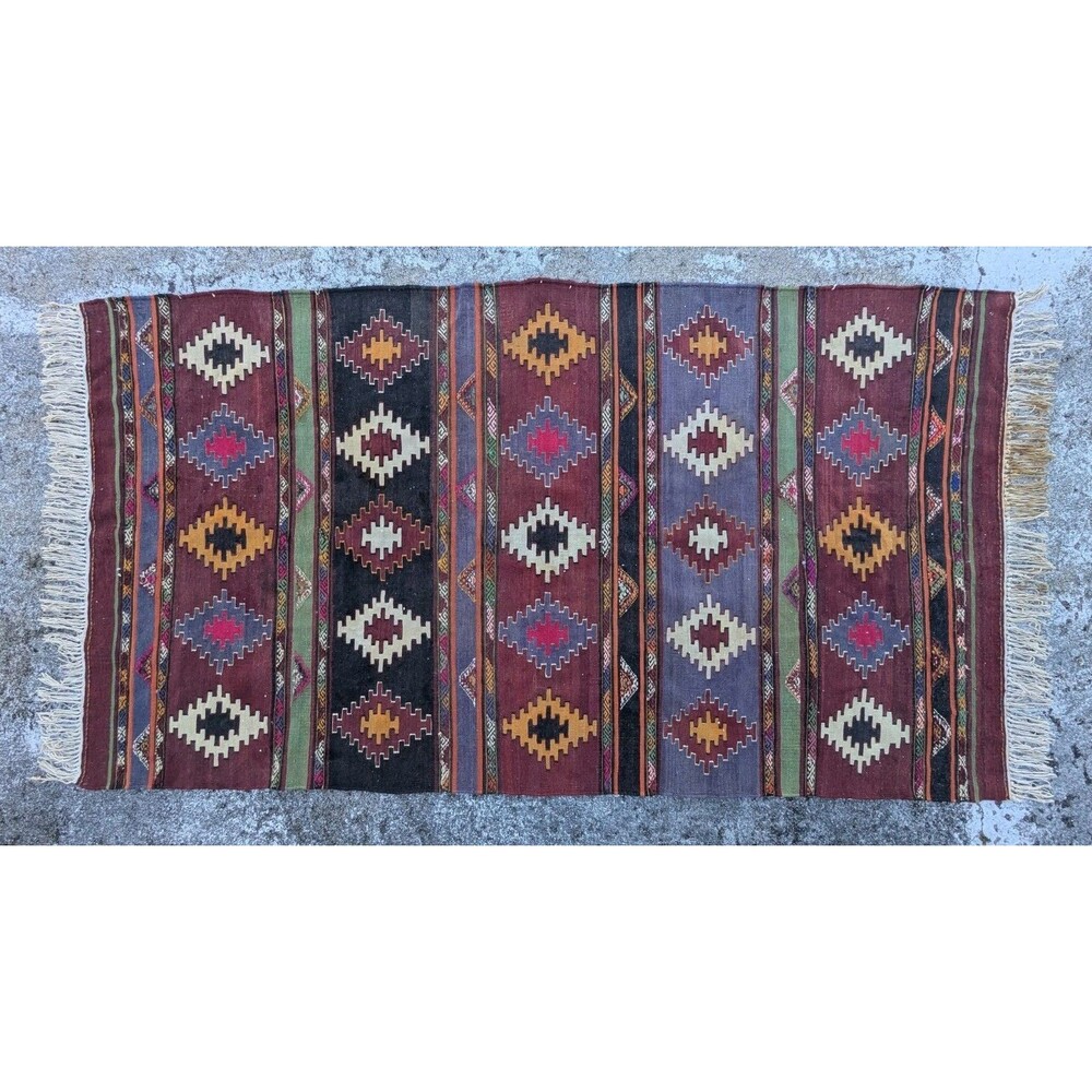 Vintage Southwestern Kilim Runner Rug Geometric Tribal Woven Fringe Area Rug